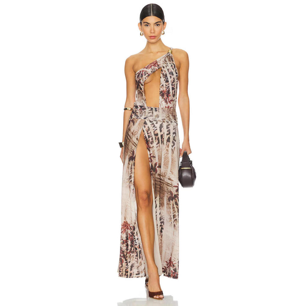 Jaded London Beige Brown Printed Cutout Maxi Dress